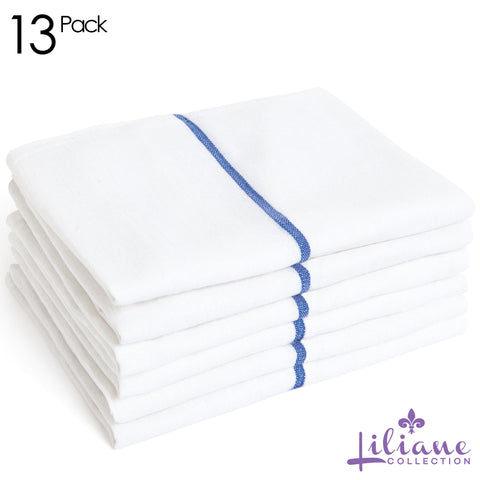 13 Blue Glass Towels - 18" x 29" Thin Cotton Kitchen Towels - Dish Towels in White with Blue center Stripe - Especially designed to dry with no streaks or spots for Glasses, Flutes, fine china