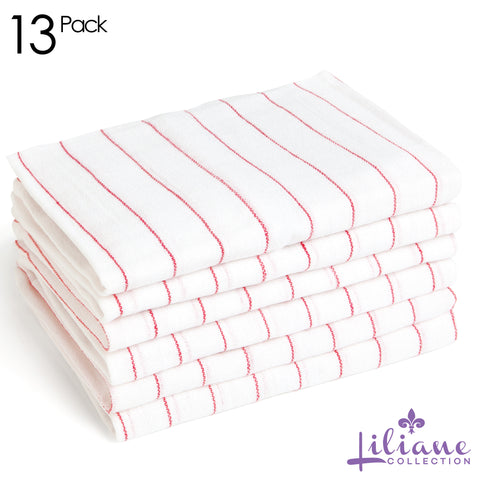 13 Red Stripes Glass Towels - 16" x 27" Thin Cotton Kitchen Towels - Dish Towels in White with red stripes - Especially designed to dry with no streaks or spots for Glasses, Flutes, fine china